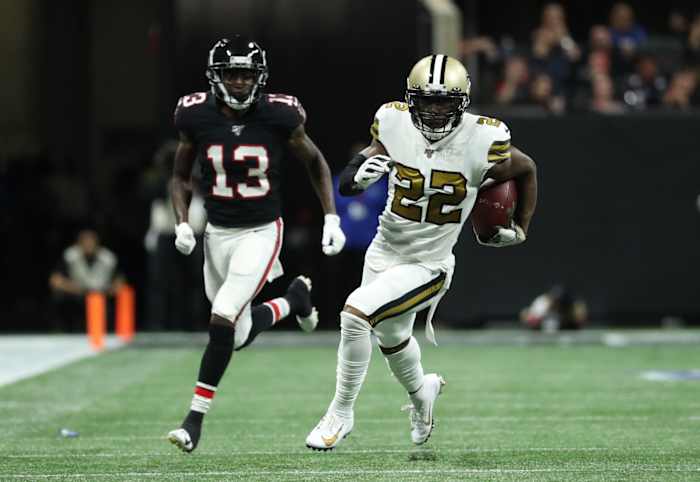 New Orleans Saints defensive back Chauncey Gardner-Johnson (22) returns an interception against Atlanta Falcons. Mandatory Credit: Jason Getz-USA TODAY